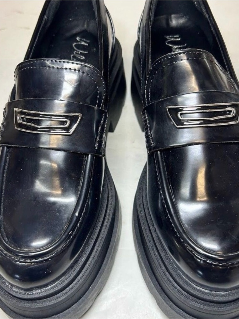 Women Wild Pair Black Platform Black Leather Penny Loafers